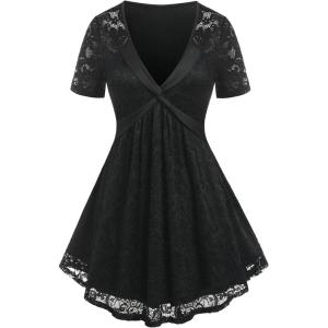 ROSE GAL Women’s Plus Size Lace top Place Panel Front Twist Tee lace-up Steampunk Tunic(Black-2)