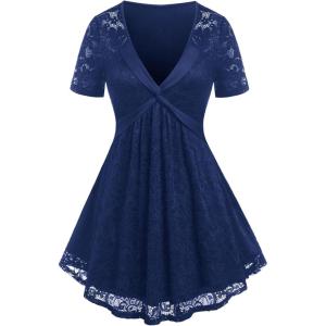 ROSE GAL Women’s Plus Size Lace top Place Panel Front Twist Tee lace-up Steampunk Tunic(Blue)