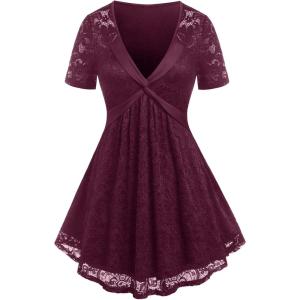 ROSE GAL Women’s Plus Size Lace top Place Panel Front Twist Tee lace-up Steampunk Tunic(Red)