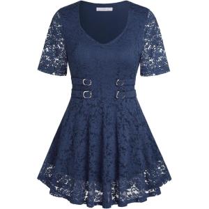 ROSE GAL Women’s Plus Size Tunic V Neck Top Curve Floral Lace Blouse A-Line Swing T Shirt(Blue)