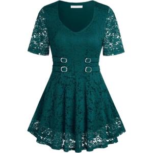 ROSE GAL Women’s Plus Size Tunic V Neck Top Curve Floral Lace Blouse A-Line Swing T Shirt(Deep Green)
