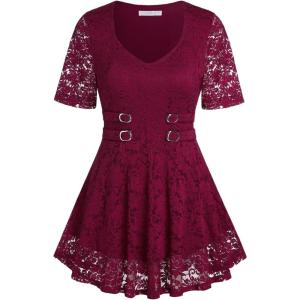 ROSE GAL Women’s Plus Size Tunic V Neck Top Curve Floral Lace Blouse A-Line Swing T Shirt(Deep Red-1)