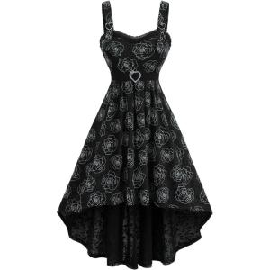 Rosegal Plus Size Retro Sleeveless Dress for Women Rose Print Midi Vintage Tank Dress with Belt(Black)