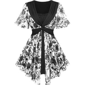 Rosegal Plus Size Womens Crochet Porcelain Floral Print Pleated Twist Ruched 2 in 1 Blouse Short Flutter Sleeve Flowy Top(Black)