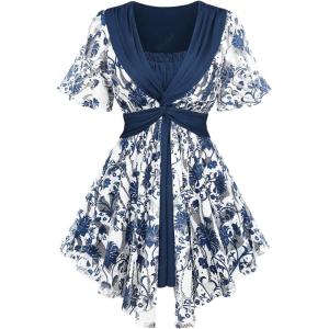 Rosegal Plus Size Womens Crochet Porcelain Floral Print Pleated Twist Ruched 2 in 1 Blouse Short Flutter Sleeve Flowy Top(Blue_3)