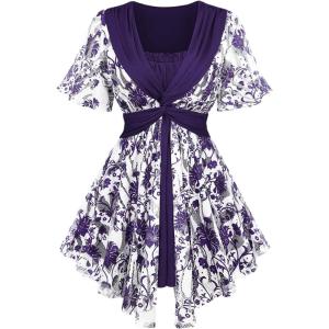 Rosegal Plus Size Womens Crochet Porcelain Floral Print Pleated Twist Ruched 2 in 1 Blouse Short Flutter Sleeve Flowy Top(Purple)
