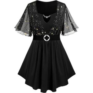 Rosegal Plus Size Womens Sparkly Gold Stamping Stars Print Butterfly Sleeve Blouse 2 in 1 Flowy Short Sleeve Top with Belt(Black_10)