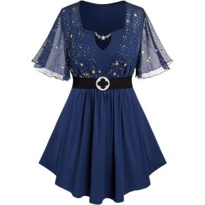 Rosegal Plus Size Womens Sparkly Gold Stamping Stars Print Butterfly Sleeve Blouse 2 in 1 Flowy Short Sleeve Top with Belt(Blue_8)