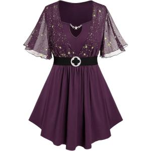 Rosegal Plus Size Womens Sparkly Gold Stamping Stars Print Butterfly Sleeve Blouse 2 in 1 Flowy Short Sleeve Top with Belt(Deep Purple)