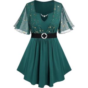 Rosegal Plus Size Womens Sparkly Gold Stamping Stars Print Butterfly Sleeve Blouse 2 in 1 Flowy Short Sleeve Top with Belt(Green)
