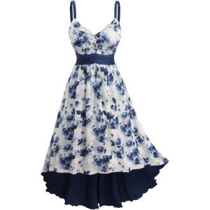 Rosegal Women Plus Size Floral Sundress High Low Midi Sleeveless Cami Flowy Dress(Blue)