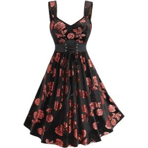 Rosegal Women Plus Size Gilding Rose Lace Up Velvet Sleeveless Swing Dress(Black)