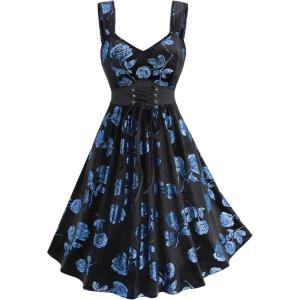 Rosegal Women Plus Size Gilding Rose Lace Up Velvet Sleeveless Swing Dress(Blue_1)