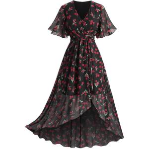 Rosegal Women Plus Size High Low Hem V Neck Ruffle Flutter Sleeves Chiffon Maxi Floral Flowy Dress(Black)