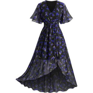 Rosegal Women Plus Size High Low Hem V Neck Ruffle Flutter Sleeves Chiffon Maxi Floral Flowy Dress(Blue)
