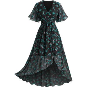 Rosegal Women Plus Size High Low Hem V Neck Ruffle Flutter Sleeves Chiffon Maxi Floral Flowy Dress(Green)