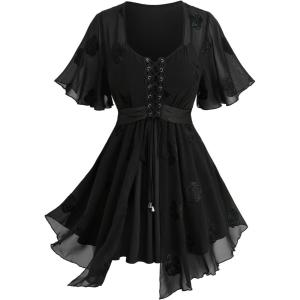 Rosegal Women Plus Size Romantic Goth Short Flutter Sleeve Tee Rose Embroidery Lace-up Chiffon Flowy Gothic 2 in 1 Top(Black_5)