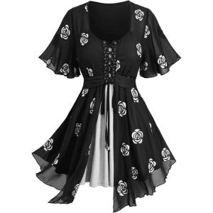Rosegal Women Plus Size Romantic Goth Short Flutter Sleeve Tee Rose Embroidery Lace-up Chiffon Flowy Gothic 2 in 1 Top(White_5)