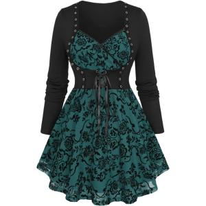 Rosegal Womens Plus Size Flocking Floral Mesh Panel Lace Up Grommet 2 in 1 Long Sleeves Top(Green)