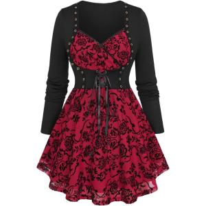 Rosegal Womens Plus Size Flocking Floral Mesh Panel Lace Up Grommet 2 in 1 Long Sleeves Top(Red_1)