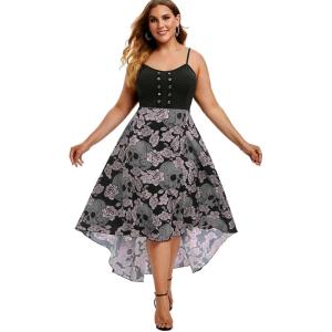 Rosegal Womens Plus Size Gothic Grommet High Low Floral Skull Dress A Line Halloween Rockabilly Cami Dress(Black_1)