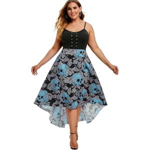 Rosegal Womens Plus Size Gothic Grommet High Low Floral Skull Dress A Line Halloween Rockabilly Cami Dress(Blue_1)