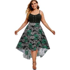 Rosegal Womens Plus Size Gothic Grommet High Low Floral Skull Dress A Line Halloween Rockabilly Cami Dress(Green_1)