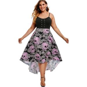 Rosegal Womens Plus Size Gothic Grommet High Low Floral Skull Dress A Line Halloween Rockabilly Cami Dress(Light Purple)