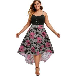 Rosegal Womens Plus Size Gothic Grommet High Low Floral Skull Dress A Line Halloween Rockabilly Cami Dress(Red_1)