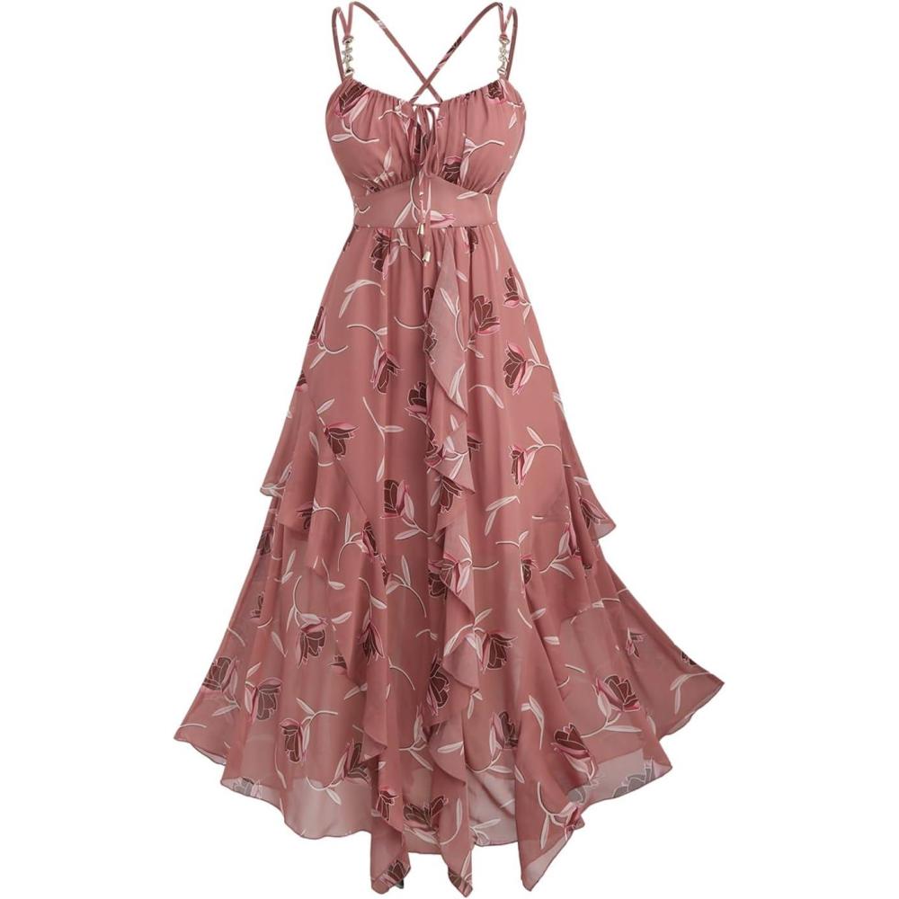 image:imageROSE GAL Plus Size Womens Casual Boho Summer Dress Floral Layered Flounce Backless Spaghetti Strap DressPink1