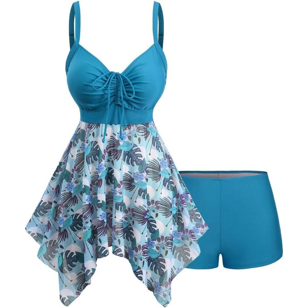 image:imageROSE GAL Plus Size Womens Hawaii Two Piece Swimdress Tummy Control Modest Tankini Swimsuit 2 Piece Bathing SuitBlue1