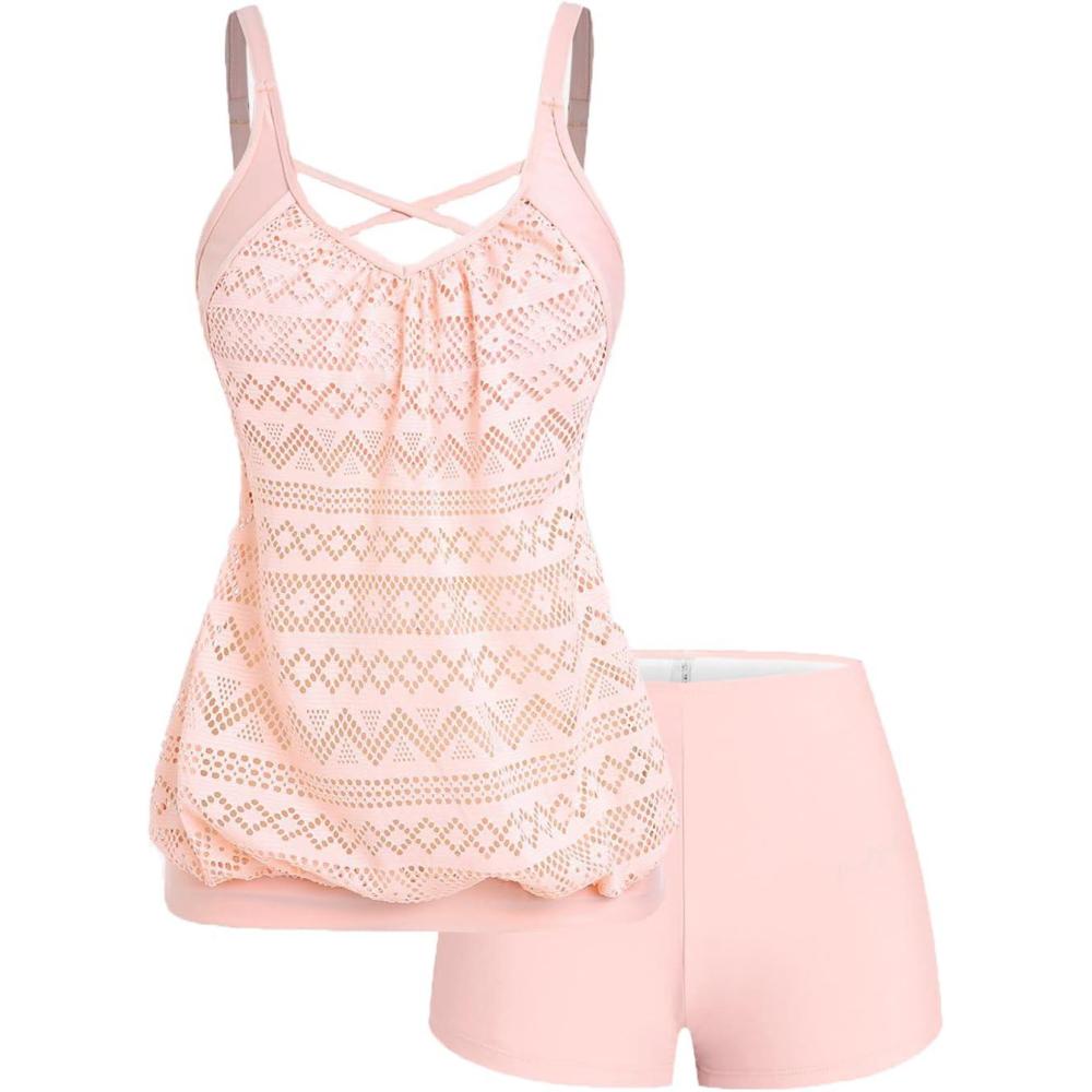image:imageROSE GAL Plus Size Womens Two Piece Blouson Modest Tankini Swimsuit Crisscross Lace Padded Tummy Control Bathing SuitPink1