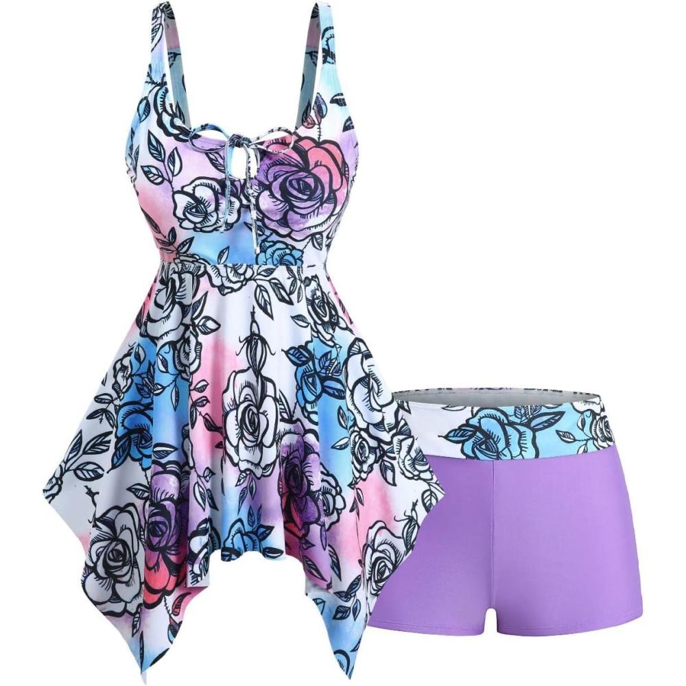 image:imageROSE GAL Plus Size Womens Two Piece Swimdress Handkerchief Modest Tankini Swimsuit Tummy Control Tankini Bathing SuitPurple1
