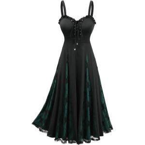 ROSE GAL Plus Size Lace Godet Hem Gothic Dress for Women Ruffled Edge Lace-up Sleeveless Maxi Swing Dress(Black)