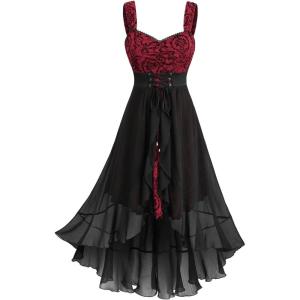 ROSE GAL Women Plus Size Gothic Costume Flocking Floral Lace-up Maxi Sleeveless Tank Dress(Red)