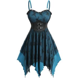 ROSE GAL Women Plus Size Gothic Dress Spaghetti Strap Lace Overlay Midi Layered Handkerchief Hem Corset Dress(Blue)