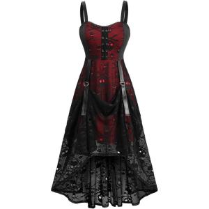 ROSE GAL Women Plus Size Gothic Steampunk Halloween Costume Dress Skull Mesh Lace Up Maxi Sleeveless Dress(Red)