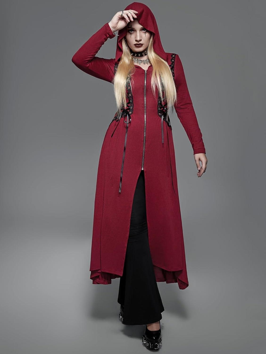 image:imageROSE GAL Women Plus Size Hooded Laceup Front Zipper High Low Maxi Coat Gothic Longline Coat Overcoat OutwearRed1