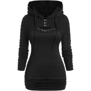 ROSE GAL Women Lace Trim Ruched Cami Tank Top and Hooded Hook Eye Cable Knit Cropped Shrug Sweater(Black_1)