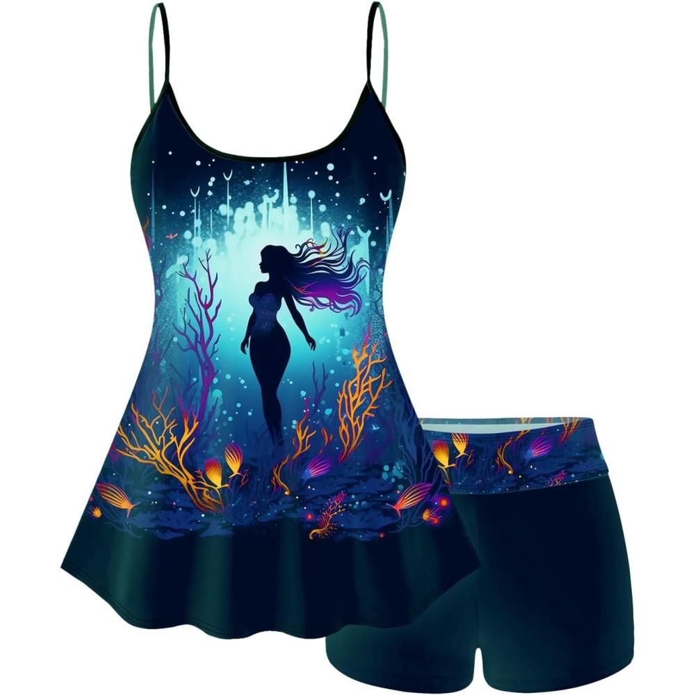 image:imageROSE GAL Plus Size Women Gothic Tummy Control Modest Tankini Swimsuit Mermaid Padded Two Piece Bathing SuitBlue1
