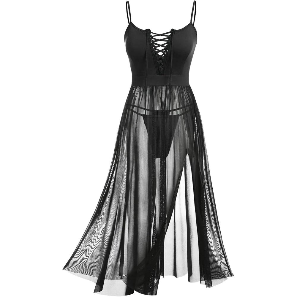 image:imageROSE GAL Rosegal Womens Plus Size Lingerie Babydoll Laceup Chemise Sheer Mesh Split Hem Nightwear Sexy Long Gown NightdressBlack