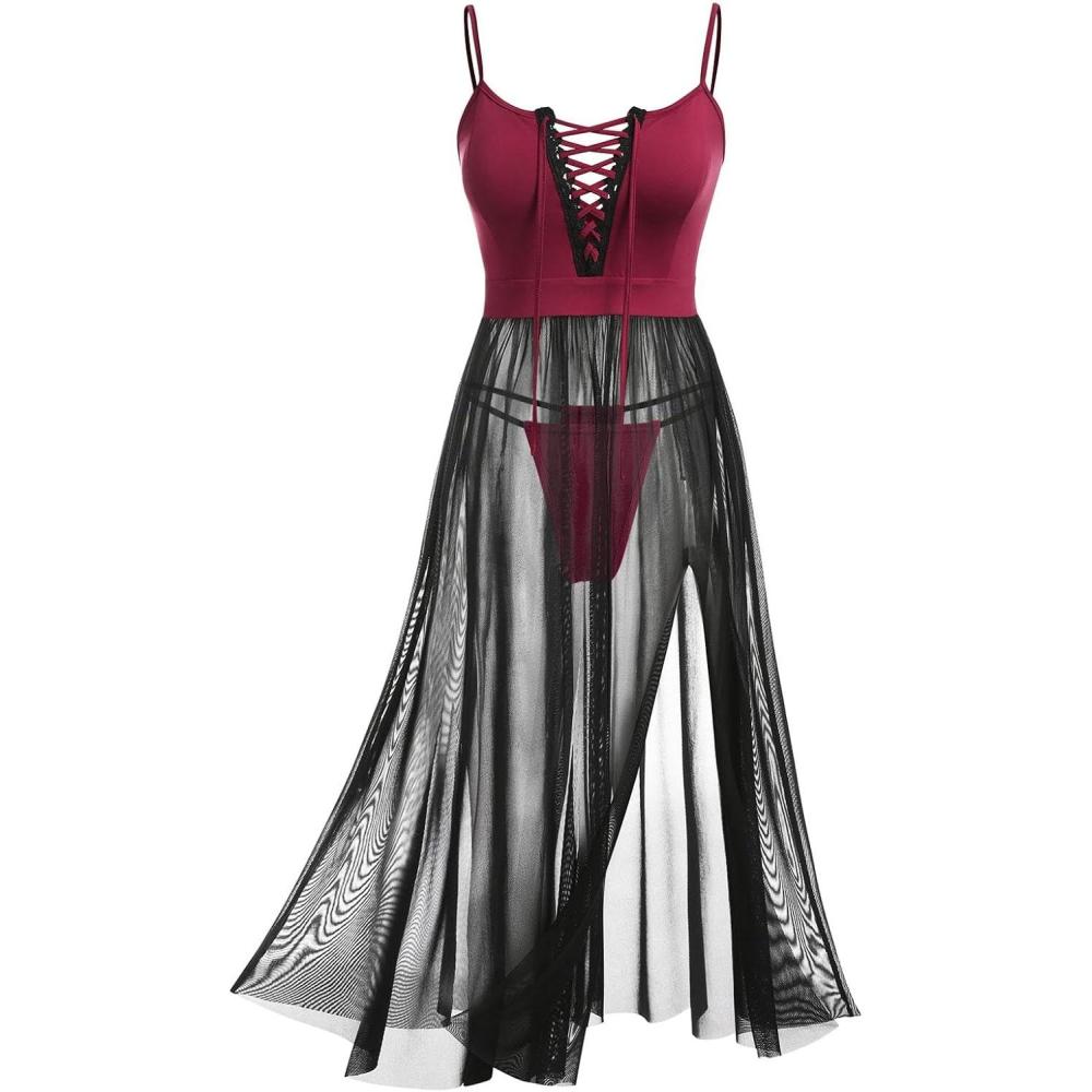 image:imageROSE GAL Rosegal Womens Plus Size Lingerie Babydoll Laceup Chemise Sheer Mesh Split Hem Nightwear Sexy Long Gown NightdressBlack3