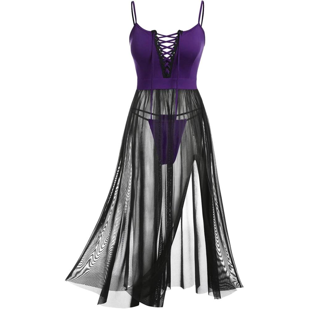 image:imageROSE GAL Rosegal Womens Plus Size Lingerie Babydoll Laceup Chemise Sheer Mesh Split Hem Nightwear Sexy Long Gown NightdressPurple