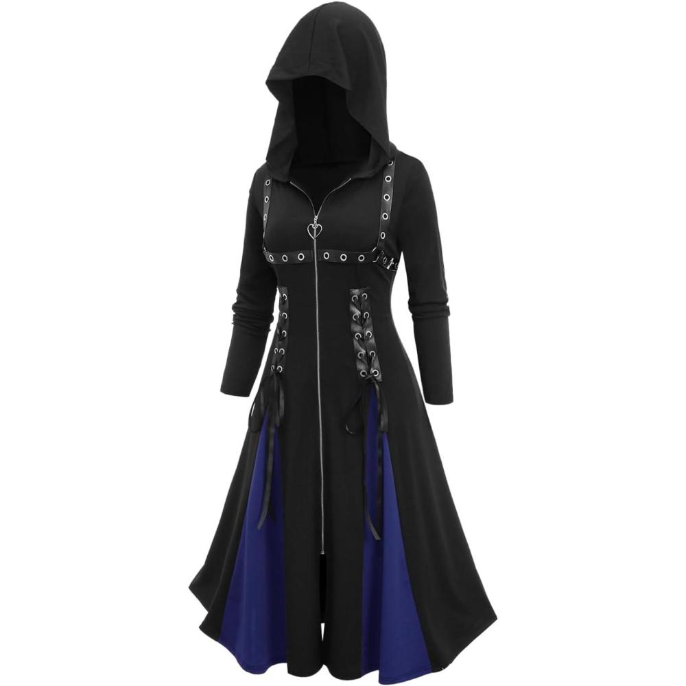 image:imageROSE GAL Womens Plus Size Gothic Zipper Lace Up PU Leather Stripe Grommets Two Tone Godet Hem Midi Long Hooded CoatBlue