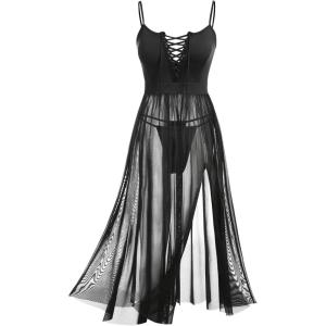 ROSE GAL Rosegal Womens Plus Size Lingerie Babydoll Lace-up Chemise Sheer Mesh Split Hem Nightwear Sexy Long Gown Nightdress(Black)