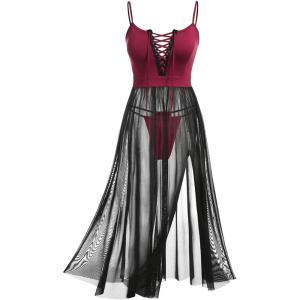 ROSE GAL Rosegal Womens Plus Size Lingerie Babydoll Lace-up Chemise Sheer Mesh Split Hem Nightwear Sexy Long Gown Nightdress(Black_3)
