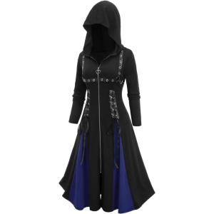 ROSE GAL Womens Plus Size Gothic Zipper Lace Up PU Leather Stripe Grommets Two Tone Godet Hem Midi Long Hooded Coat(Blue)