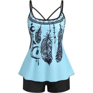 ROSE GAL Rosegal Women Plus Size Modest Tankini Swimsuit Boyleg Swimwear Tummy Boyshorts Bathing(Blue_1)