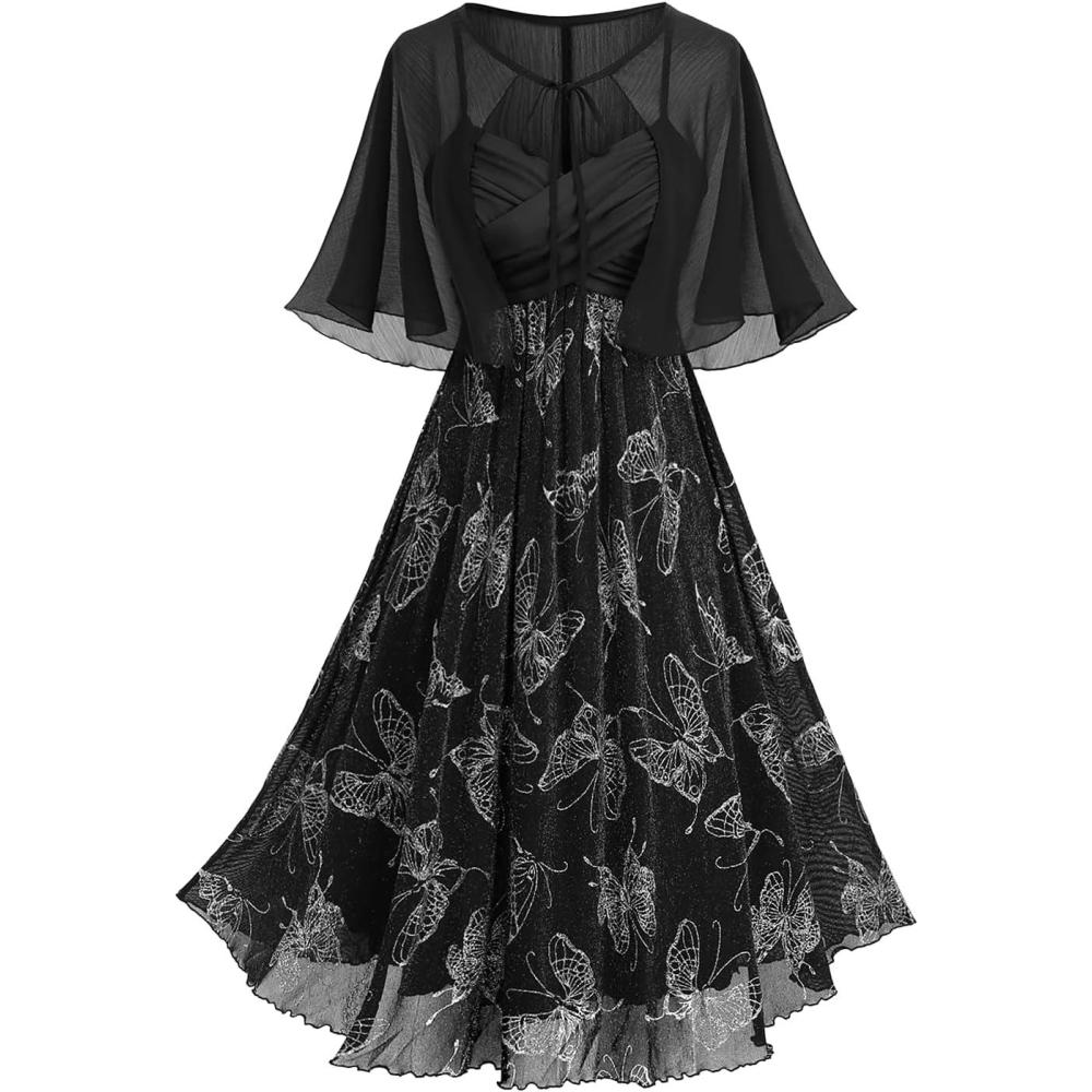 image:imageROSE GAL Plus Size Women 2pcs Cocktail Dress Set Party Wedding Semi Formal Chiffon Cape and Butterfly Cami DressBlack