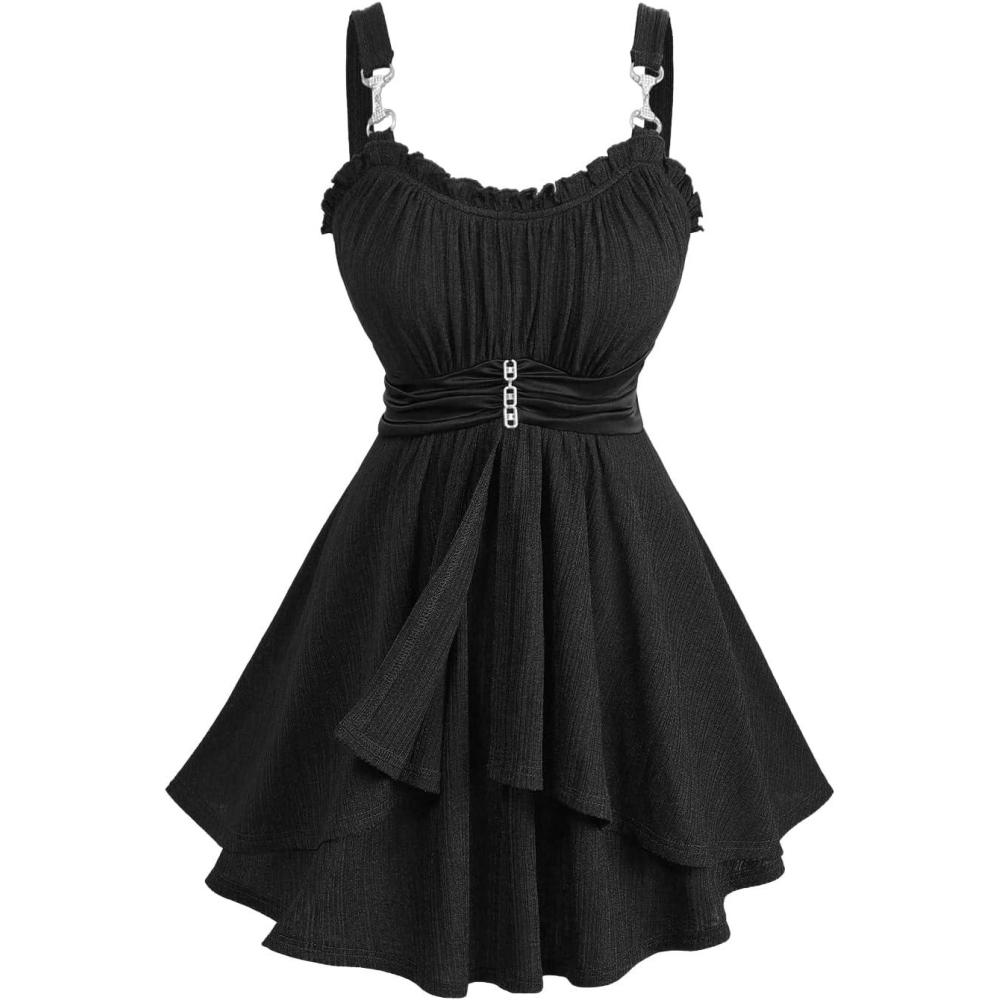 image:imageROSE GAL Women Plus Size Elegant Summer Babydoll Tank Top Ruffles Knot Backless Flowy Plisse TopBlack1